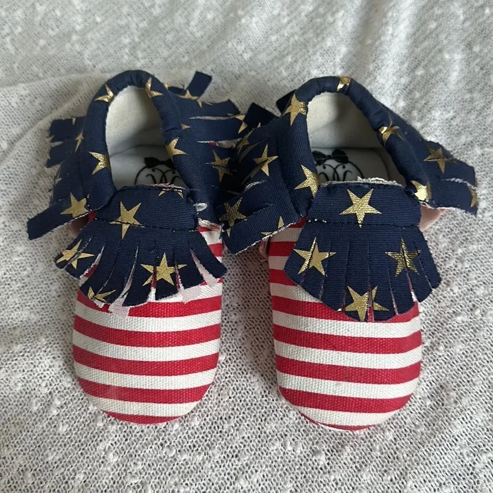 4th of July Red White & Blue Fringe Mocassins Shoes size 5
